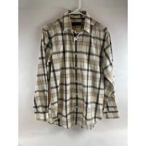 Kenneth Roberts Platinum Shirt Men's Size M Tan Cream Plaid Button Up Long Slv